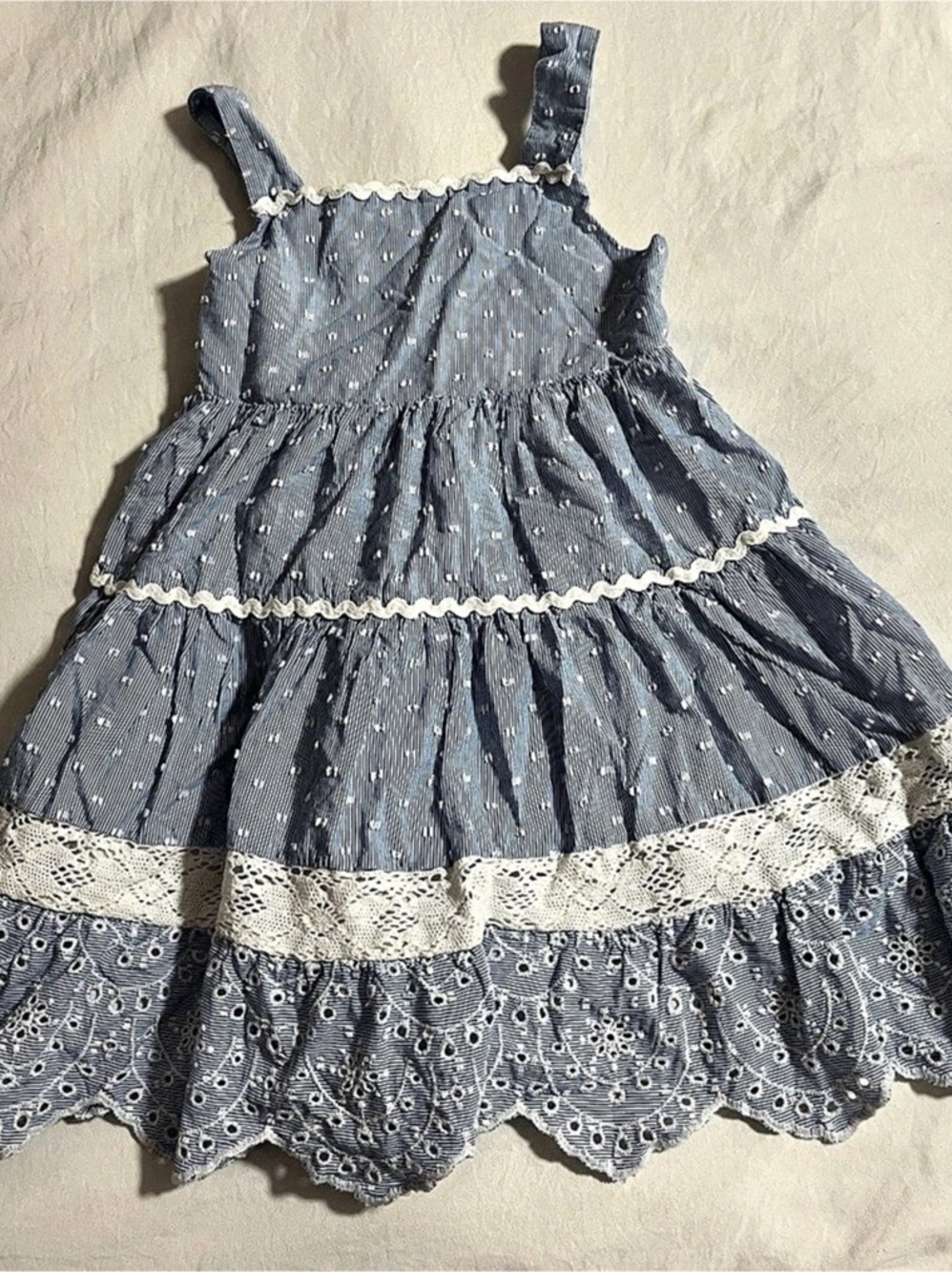 Shabby Chic Girls Size 6 Blue & White Dress preppy cute jumper lace ruffle